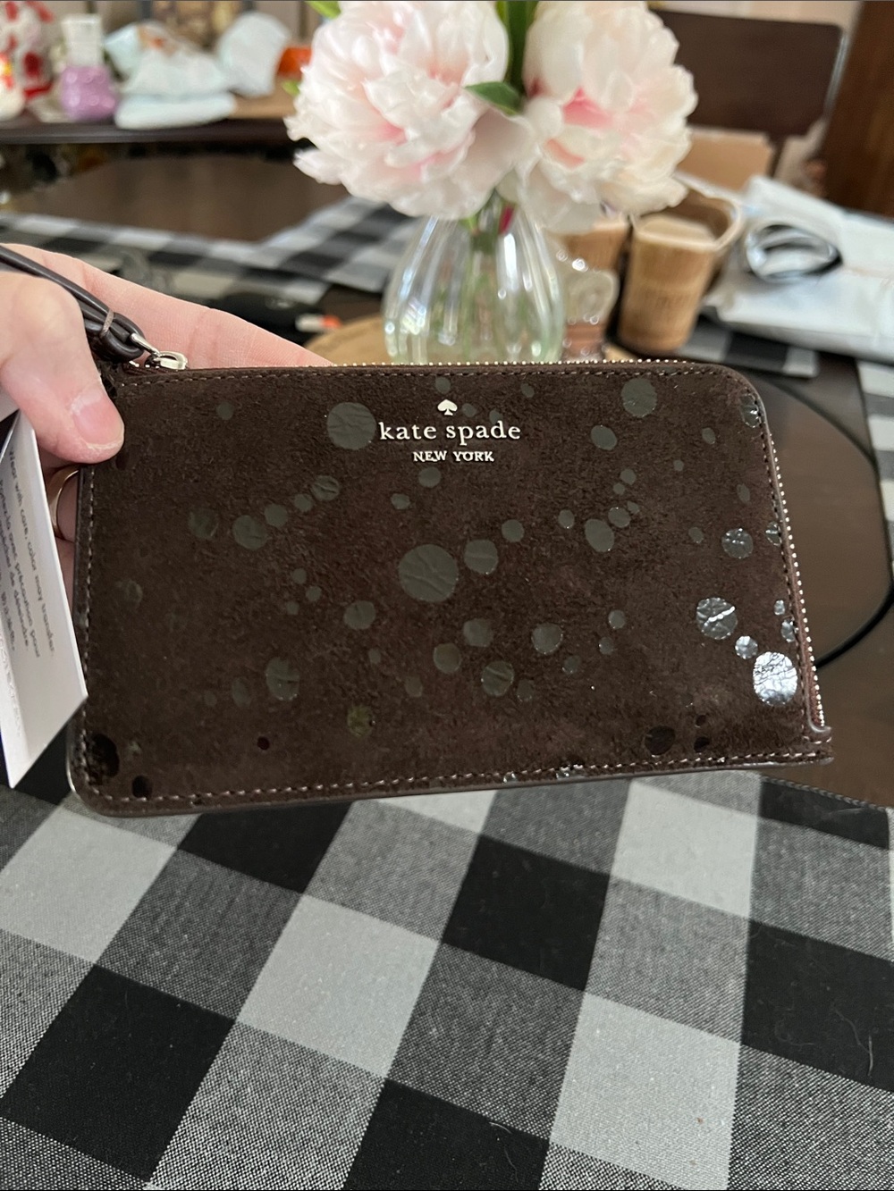 New kate spade Brown Polka Dot Suede Wristlet